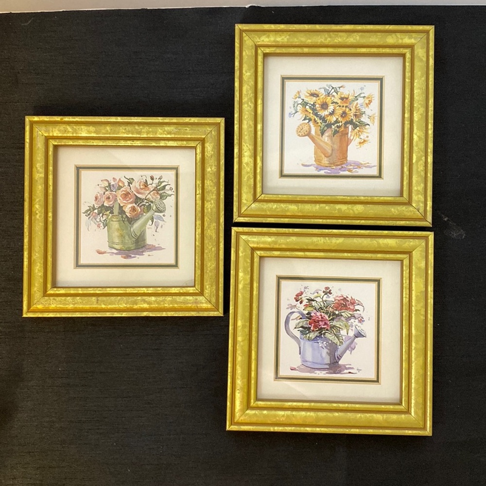 Set of Three Prints of Flowers in Watering Cans